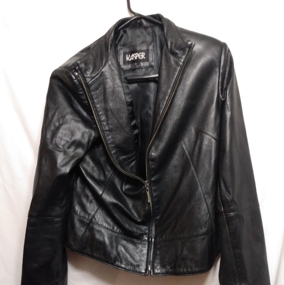 WOMEN'S BLACK LEATHER JACKET VINTAGE LARGE KASPER